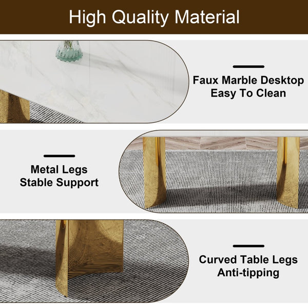 English Elm Table With Elegant Glass Top & 8 Comfortable Pu Chairs - Modern Marble Pattern & Gold Legs Set W1151S04354-GIGA