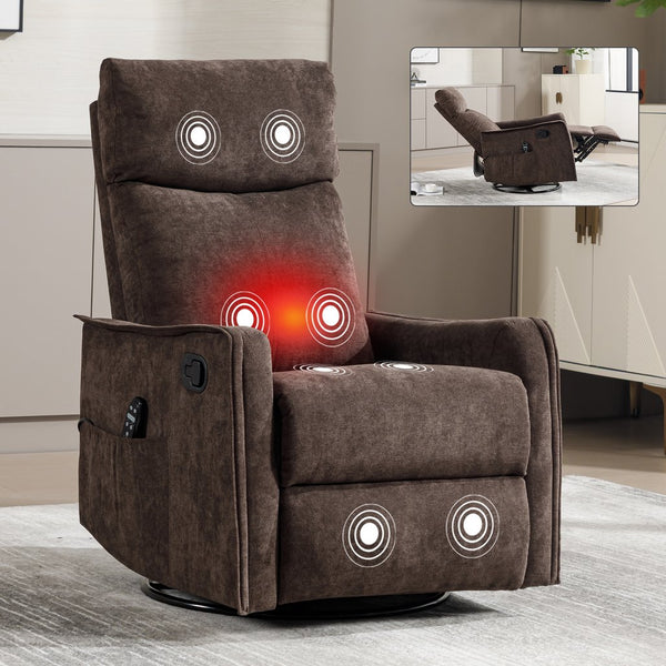 English Elm Heat Massage Rocker Swivel Recliner Fabric Chair with Lumbar Therapy for Living Room Brown W1803P362305