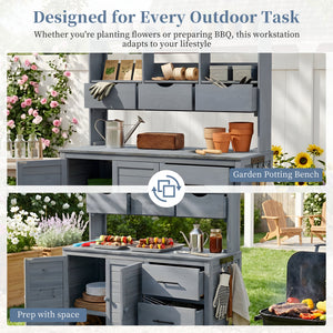 English Elm (with Hutch) Topamx Solid Fir Potting Bench Patio Workstation Spice Rack Drawer Gray N717P404331E