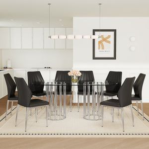 English Elm Table and Chair Set Oval Tempered Glass Top 9 Piece Modern Dining with Pu Seats Black,Silver,Transparent W1151S04741