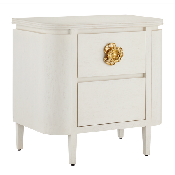 Briallen Elegant White Nightstand with Gold Floral Pull, Soft-Close Drawers & Safety Features