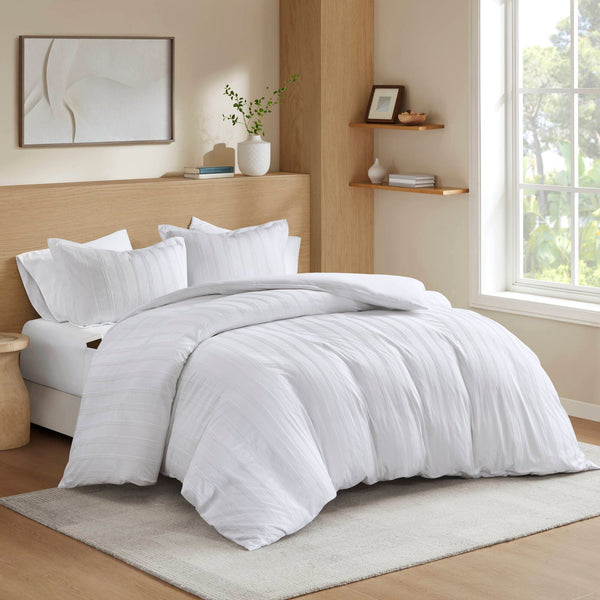 JLA Home Super Listing - Woven Logan Duvet Set with Subtle Stripes — Brushed Microfiber Reverse, Hidden Zipper & Corner Ties White AM12-0592