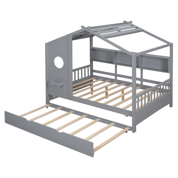 English Elm Wooden Full Size House Bed with Trundle and Built-In Shelves — Modern Pine Frame, Whimsical Roof Design Gray 57.2 L x 16.25 W x 5.9 H N733S316125E