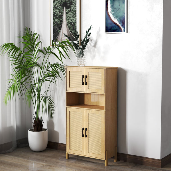 English Elm Mid-Century Woven Rattan Door Storage Cabinet with Adjustable Shelves and Solid Wood Legs, Stylish and Functional Natural 27.6 L x 15 W x 8.7 H W3151P288912