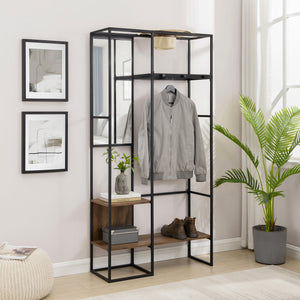 English Elm Walker Edison - Modern Metal and Wood Hall Tree with Hanging Storage, Rustic Oak Finish, Steel Pegs & Shelves for Entryway Organization B185P169093