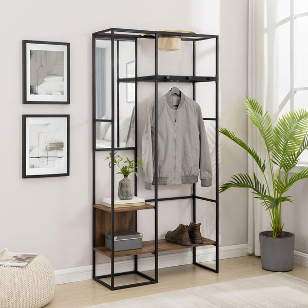 English Elm Walker Edison - Modern Metal and Wood Hall Tree with Hanging Storage, Rustic Oak Finish, Steel Pegs & Shelves for Entryway Organization B185P169093