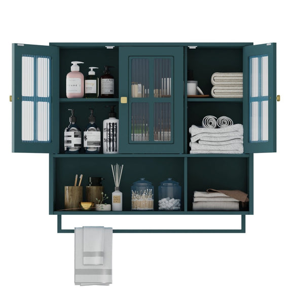 English Elm Bathroom Wall Cabinet Fluted Glass Doors Open Shelf Towel Bar Dark Green Mdf W757P400531