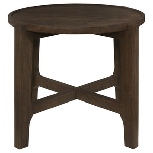 English Elm Mavis Dark Brown Round Solid Wood End Table with Recessed Edge and Cross Beam Legs, 26.25" Wide B062P299904
