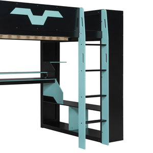English Elm Full Size Gaming Loft Bed with Rgb Lighting Built-in Desk and Usb Charging Ports Blue LT000275AAC