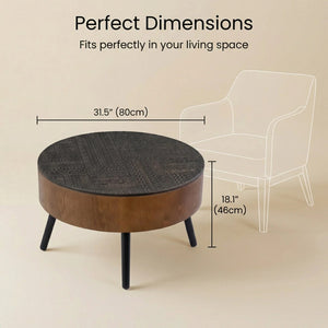 English Elm 31.5-inch Round Carved Wood Coffee Table Vintage Distressed Finish Living Room Accent W3935P406036