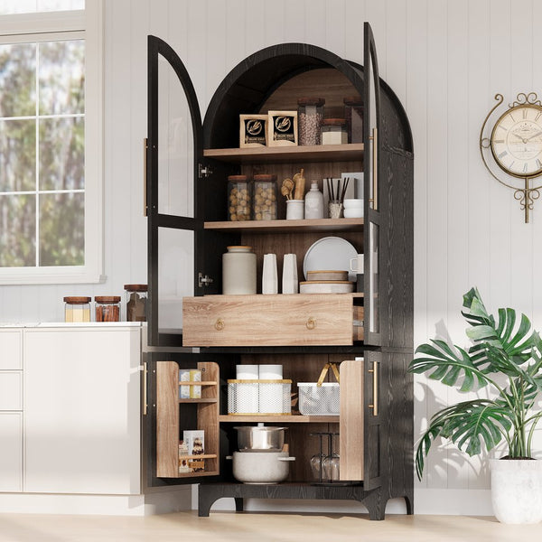 English Elm K&K Arched 71" Kitchen Pantry Cabinet with Glass Doors, Brass Handles, Adjustable Shelves & Drawer Black N707P288969B