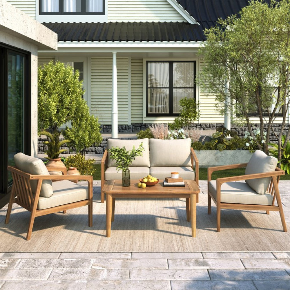 English Elm Westin Solid Acacia Wood 4 Piece Outdoor Chat Set with Cushioned Club Chairs WESTIN 4PCS CHAT SET