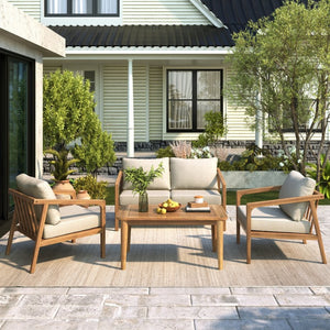 English Elm Westin Solid Acacia Wood 4 Piece Outdoor Chat Set with Cushioned Club Chairs WESTIN 4PCS CHAT SET