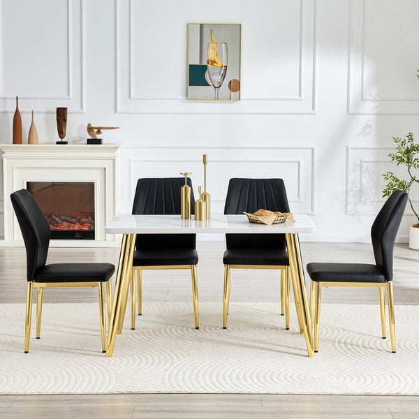 English Elm Table and Chair Set Marble Glass Top Gold Legs Modern 5 Piece Dining for Small Spaces White+Gold W1151S04636