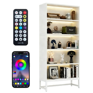 English Elm Tall Five Tier Bookcase with Led Shelf Lighting White Mdf Frame Living Room Display W3204P454083