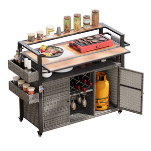 English Elm K&K Wicker Outdoor Grill Cart with Foldable Drop Leaf, Locking Wheels, Wine Rack & Ample Storage Grey N707P233747G