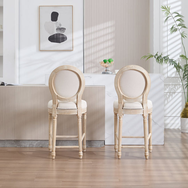 English Elm French Country 26'' Bar Chairs Set Of 2, Upholstered Comfort With Round Back, Vintage Elegance, Beige W3426P324574