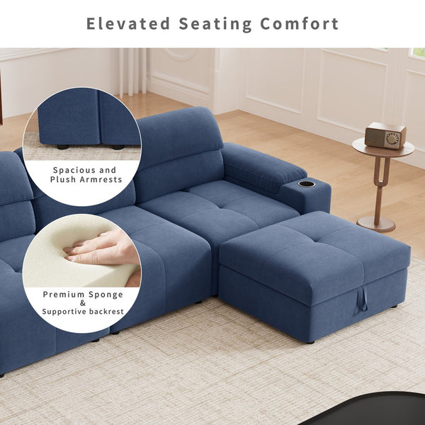 English Elm Modern Modular L-shaped sectional sofa 105-inch cloud deep-seat 4-seat cotton comfort with ottoman and storage Blue W3820S00008