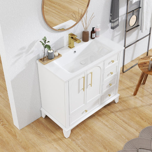 English Elm 35.6" Freestanding Bathroom Vanity with Roman Column Base and Ceramic Integrated Sink White W1801S00003