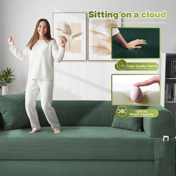 English Elm Convertible Corduroy Sleeper Sofa Queen Fold Out Bed with Dual Storage Pockets Light Green W3396P483185