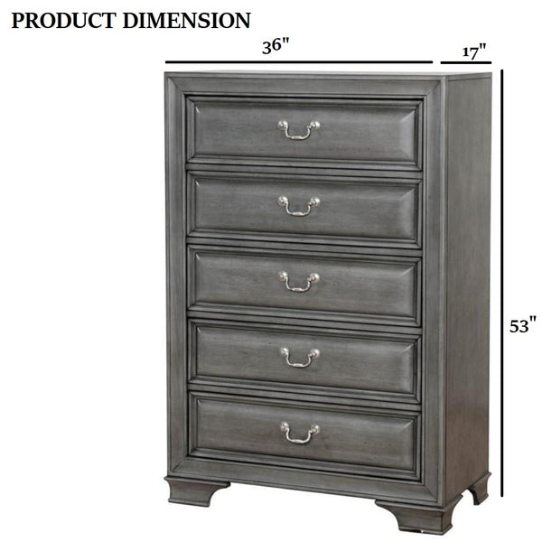 English Elm Transitional Elegant Five-Drawer Chest with Antique Hardware and Deep Storage for Clutter-Free Bedroom Gray 40 L x 21 W x 58 H B2741P380213