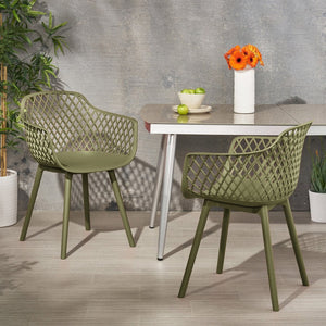 English Elm Poppy Outdoor Dining Chairs Set of 2 Diamond Mesh Geometric Modern Patio Seating Olive Green N776P414399G