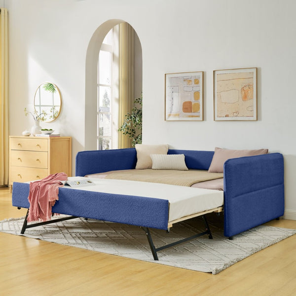 English Elm Full Size Boucle Daybed with Pop up Trundle Tufted Upholstered Sofa Sleeping Blue W1413S00176