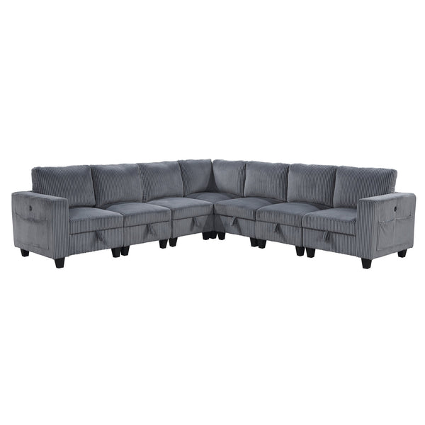 English Elm 7-Piece Modular Sectional with Hidden Storage, Side Pockets and USB Charging in Corduroy Upholstery Dark Gray 26 L x 29 W x 15.75 H B011S01080