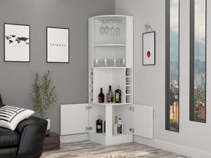 English Elm Syrah Corner Bar Cabinet White with 8 Bottle Cubbies, 12-Glass Rack & 2 Shelves, Space-Saving Design B070102687