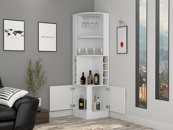 English Elm Syrah Corner Bar Cabinet White with 8 Bottle Cubbies, 12-Glass Rack & 2 Shelves, Space-Saving Design B070102687
