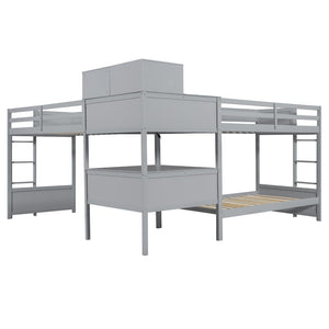 English Elm Twin L-shaped Bunk Bed Pine Wood Corner Design with Desk Drawers and Usb Charging Gray N820S00079E