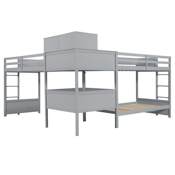 English Elm Twin L-shaped Bunk Bed Pine Wood Corner Design with Desk Drawers and Usb Charging Gray N820S00079E