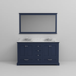 English Elm Navy Double Bath Vanity 60" W x 22" D with Carrara Marble Top, Chrome Faucets, 58" Mirror — Durable B2731S00983