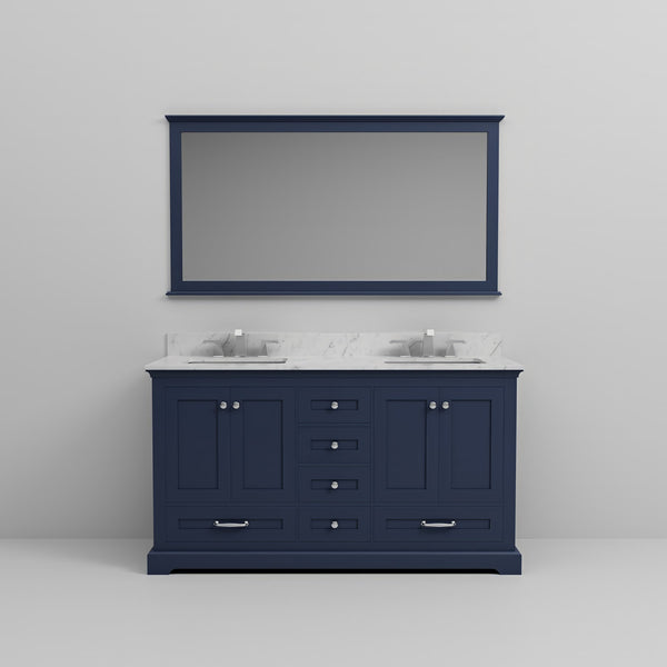 English Elm Navy Double Bath Vanity 60" W x 22" D with Carrara Marble Top, Chrome Faucets, 58" Mirror — Durable B2731S00983
