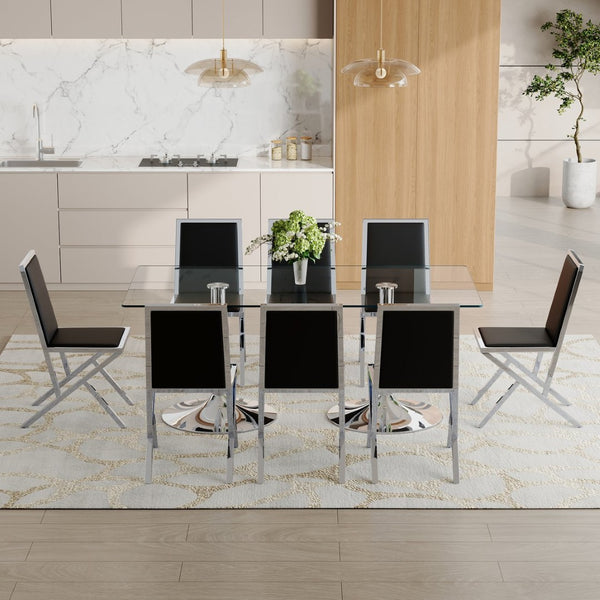 English Elm Table and Chair Set Tempered Glass Top with Silver Metal Frames Seats 8 Dining Black+Silver W1151S04768