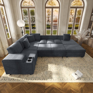 English Elm 110.2" Corduroy Sectional Sleeper Sofa with Ottoman Usb Ports Storage Armrests Living Room Dark Gray W3219S00012