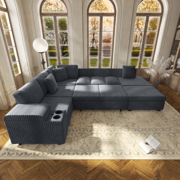 English Elm 110.2" Corduroy Sectional Sleeper Sofa with Ottoman Usb Ports Storage Armrests Living Room Dark Gray W3219S00012