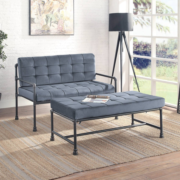 English Elm Grey Velvet Tufted Bench with Industrial Pipe Frame, Sandy Grey Upholstery, D20 Foam Comfort and Metal Legs B062P186416