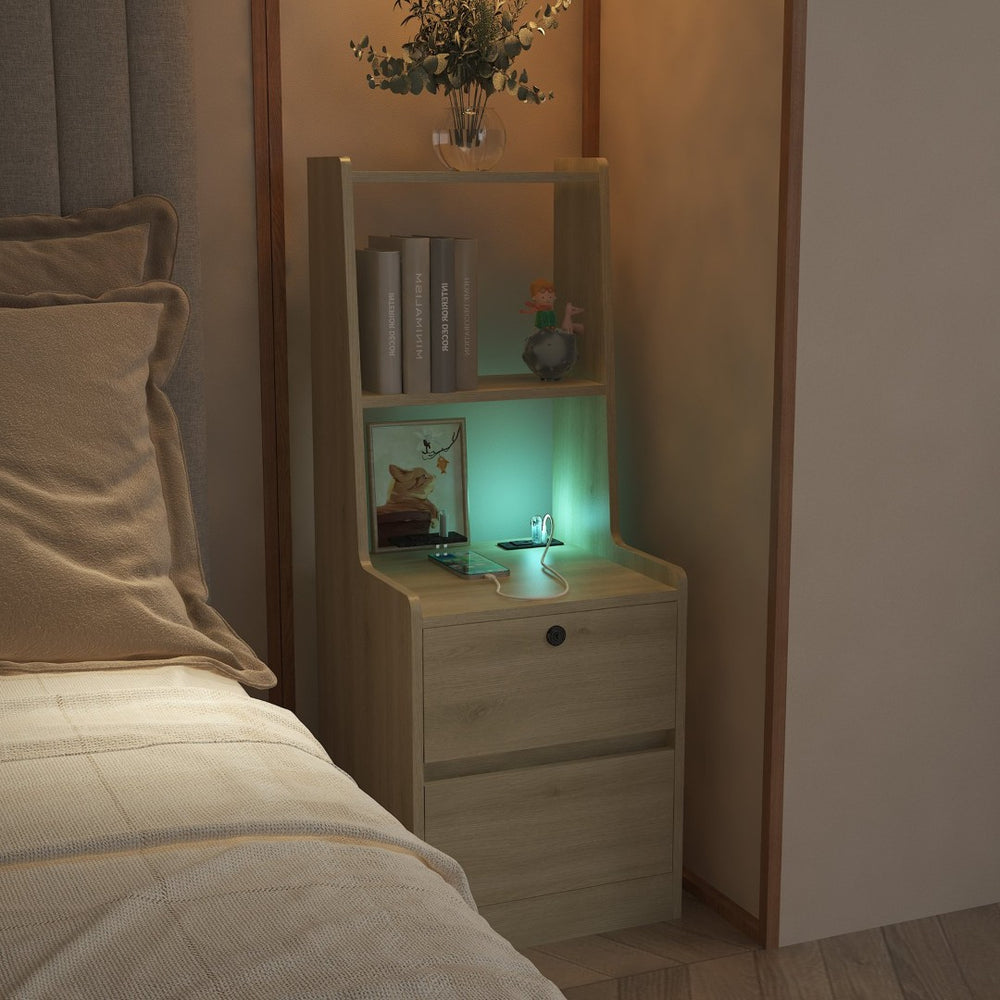 English Elm Nightstand Wood Bedside Tower with Built-in Charging Usb Ports and Voice Light W1321P352105
