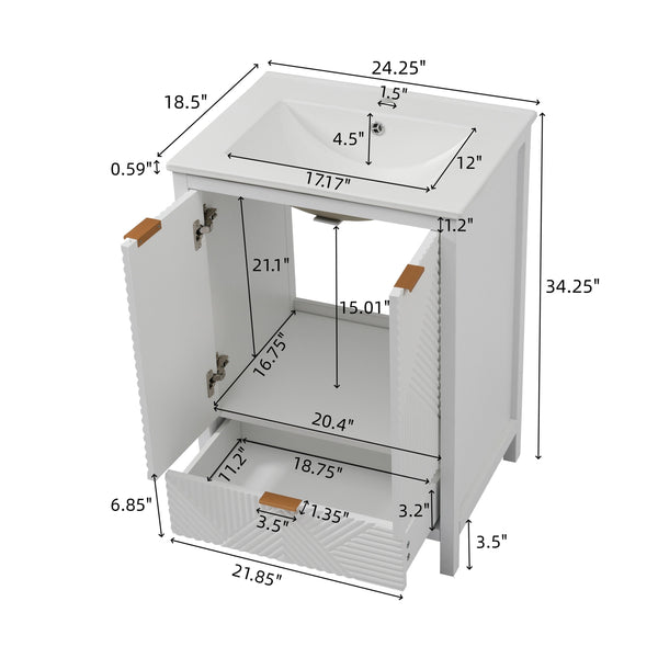 English Elm Christopher Knight Home® - 24 24-Inch Bathroom Vanity with Ceramic Sink, Textured Panels, Soft-Close Drawer & Large Storage White N817P339017K