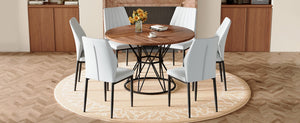 English Elm Table and Chair Set Walnut Round Dining with Six White Pu Seats Modern Industrial W1151S04858