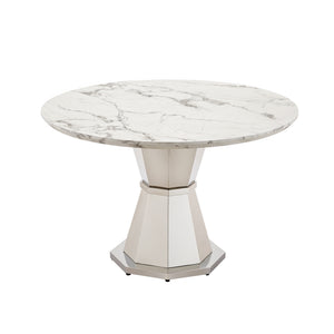 English Elm 47" Round Marble Dining Table | Modern High Gloss Faux Marble & Stainless Steel Base For Any Space W3456S00003
