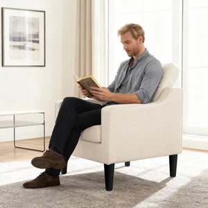 English Elm Living Room Linen Accent Chair Mid Century Modern with Tapered Wood Legs Compact Seat W5052P411381