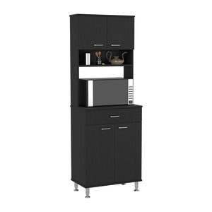 English Elm Pantry Black 67" H Four-Door Cabinet with Drawer, Microwave Shelf, Spice Rack, Durable MDP Build B097133015