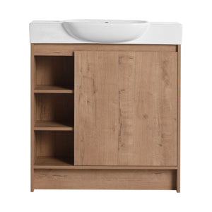 English Elm 30'' Freestanding vanity with white ceramic sink, soft-close doors, water-resistant melamine finish, modern handle design Imitative Oak W999P310754