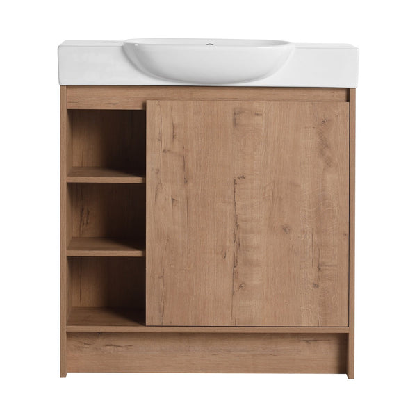 English Elm 30'' Freestanding vanity with white ceramic sink, soft-close doors, water-resistant melamine finish, modern handle design Imitative Oak W999P310754