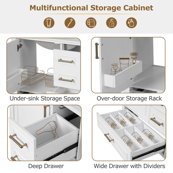 English Elm 30" Elegant Bathroom Vanity with Ceramic Sink, Soft-Close Door & 3 Drawers, Gold Handles, Durable Finish White N729P184479K