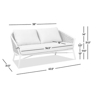 English Elm Jennifer Taylor Home - Rowan 63.5" Rope Barrel Back Loveseat Sofa - Optic White Acrylic, Weatherproof, Removable Cushions, Aluminum Frame B2719P245981