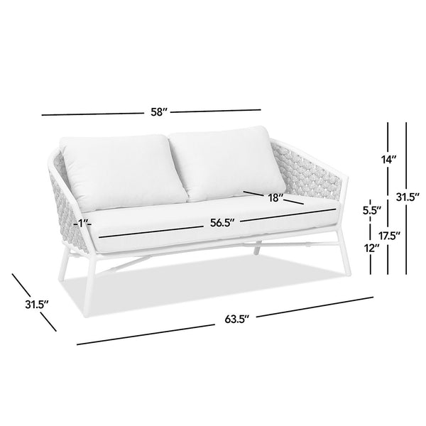 English Elm Jennifer Taylor Home - Rowan 63.5" Rope Barrel Back Loveseat Sofa - Optic White Acrylic, Weatherproof, Removable Cushions, Aluminum Frame B2719P245981