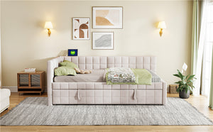 English Elm Full L-Shaped Upholstered Daybed with Pull-Out Twin Trundle, Built-In USB Ports, Modern Chic Design Beige SF000192AAA